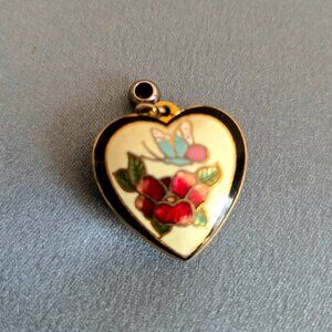 Vintage cloisonne heart pendant with floral and butterfly design.